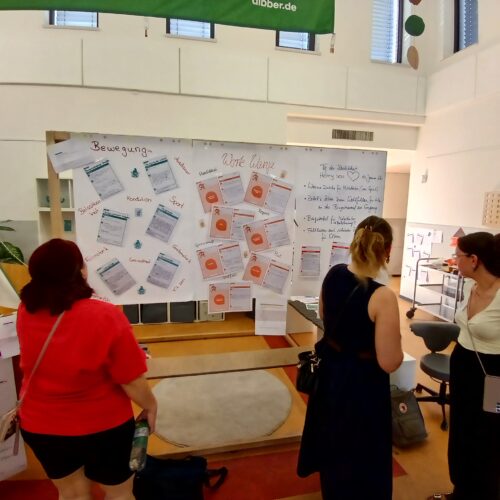 Drei Frauen stehen vor einem Whiteboard und schauen sich Plakate zu den Ergebnissen der Gruppenarbeit an.