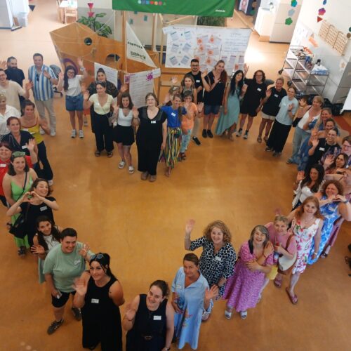 Gruppenfoto mit allen Teilnehmenden. Das Foto ist von oben gemacht und die Personen sind aufgestellt, wie der Umriss eines Herz.