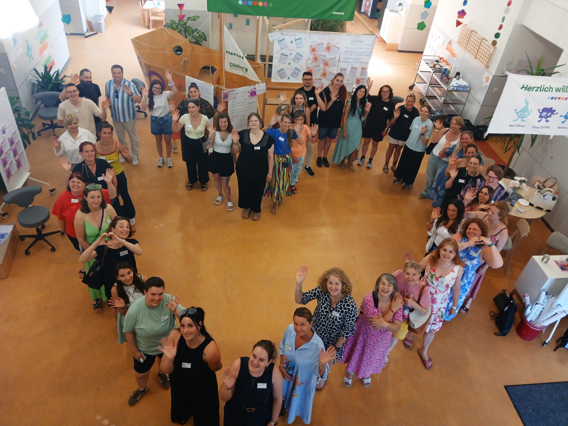 Gruppenfoto mit allen Teilnehmenden. Das Foto ist von oben gemacht und die Personen sind aufgestellt, wie der Umriss eines Herz.